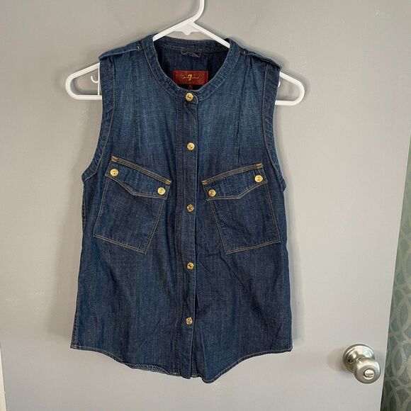 7 For All Mankind Womens S Blue Denim Sleeveless Full Button Zip Shirt - Picture 1 of 7